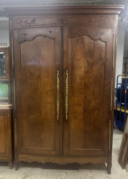 Monumental French dark oak (2) door armoire, with large brass hinges, and nice decorative (1 of 7)