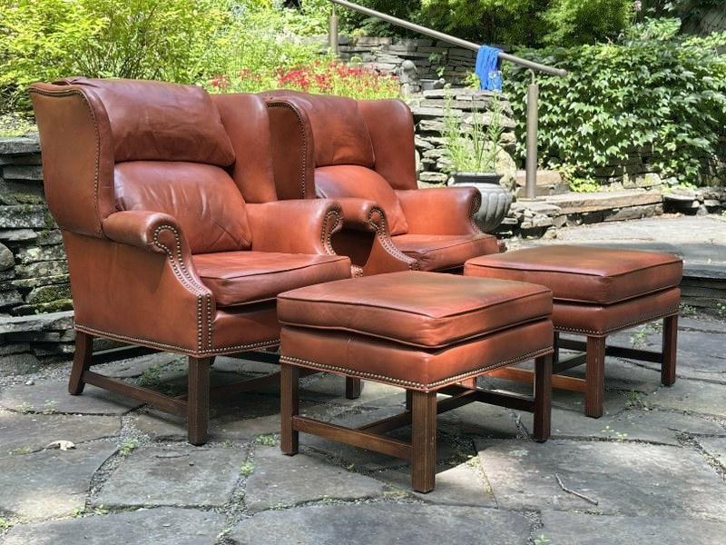 Fabulous pair nicely worn leather wing chairs with ottomans, from non smoking wonderful estate in (1 of 4)