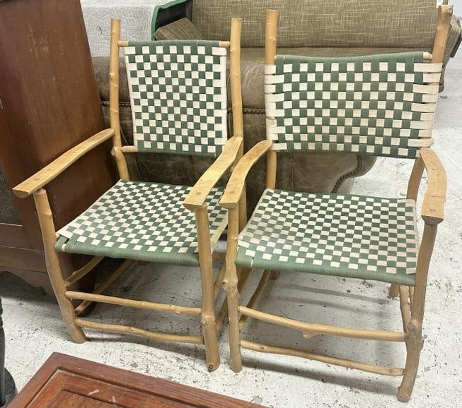 Pair Adirondack maple armchairs with cloth taped backs and seats, from Hudson Valley home, good: Pair Adirondack maple armchairs with cloth taped backs and seats, from Hudson Valley home, good looking and structurally sound.