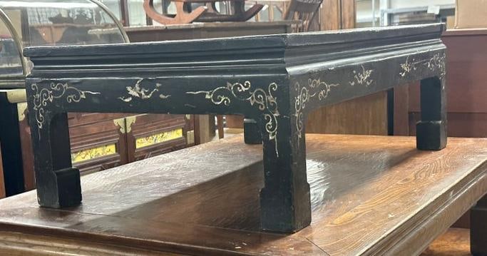 Asian black lacquered coffee table with Mother of Pearl inlay and Asian characters on top also… (1 of 7)