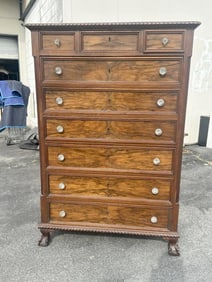 Wonderful circa 1890 mahogany tall chest of drawers with burl walnut drawer fronts, glass knobs and