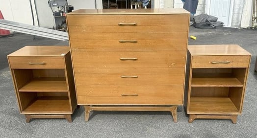 (3) pc. Mid Century Modern set of a dresser & (2) nightstands, all pieces have wear to finish,