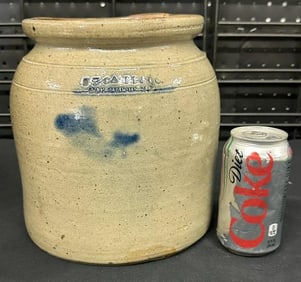 JB CA RF & CO. POKEEPSIE N.Y. stoneware decorated crock with hairline crack in back. From local