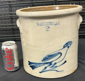 WHITES UTICA N.Y. stoneware crock with bird (2 gallon ), nice overall estate condition. From an old
