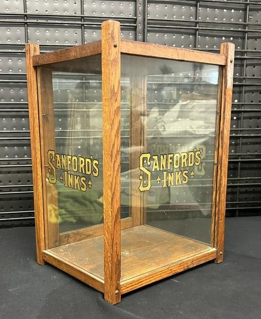 SANFORD'S  INKS countertop advertising showcase, oak frame, writing on (3) sides, ( no glass shelves (1 of 4)