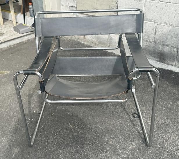Vintage WASSILY black leather & chrome chair, has some age, may be of the period, leather in nice (1 of 3)