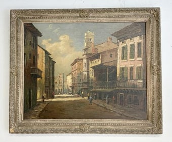 Circa 1940's o/c Spanish street scene signed ( JAN. NOUBAN ? ), in nice frame of the period, from