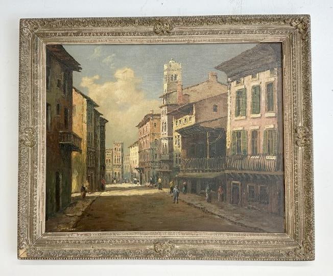 Circa 1940's o/c Spanish street scene signed ( JAN. NOUBAN ? ), in nice frame of the period, from: Circa 1940's o/c Spanish street scene signed ( JAN. NOUBAN ? ), in nice frame of the period, from Albany, N.Y. estate, nice overall condition. Painting measures 24" x 30", the frame measures 30" x 36"