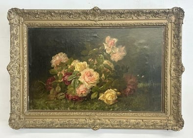 Paul De Longpre (1855 - 1911)  o/c still life with roses, with Christie's Auction House labels on