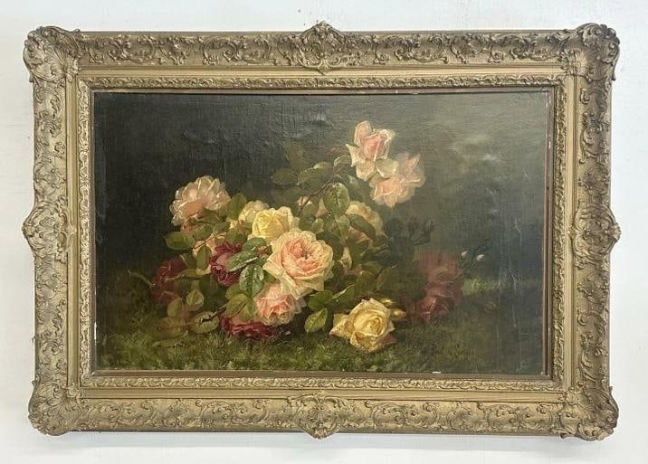 Paul De Longpre (1855 - 1911)  o/c still life with roses, with Christie's Auction House labels on (1 of 6)
