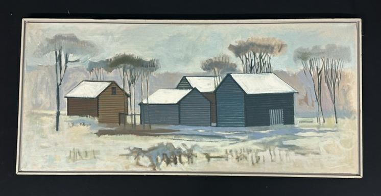 Edward P. Cowley (1925 - 2014) o/c landscapw with buildings, titled on back ( ROUTE 146 ), signed on (1 of 5)