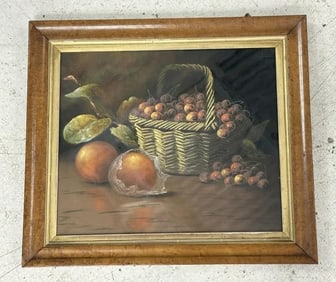 William Henry Chandler (1854 - 1928)  pastel still life with oranges & cherries in a basket, very