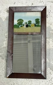 19th century reverse painted landscape with houses ogee mirror, mahogany ( small chip on veneer
