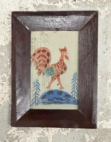 19th c watercolor of Rooster on (dated 1868 ) ledger page with writing & numbers, in a later frame.