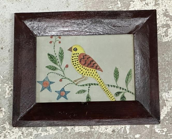 19th century watercolor of bird on a branch, on 18th ir 19th century ledger page ( can see a little: 19th century watercolor of bird on a branch, on 18th ir 19th century ledger page ( can see a little writing on back ), from estate of old time Hudson Valley Antiques Dealer, this hung in her home, nic