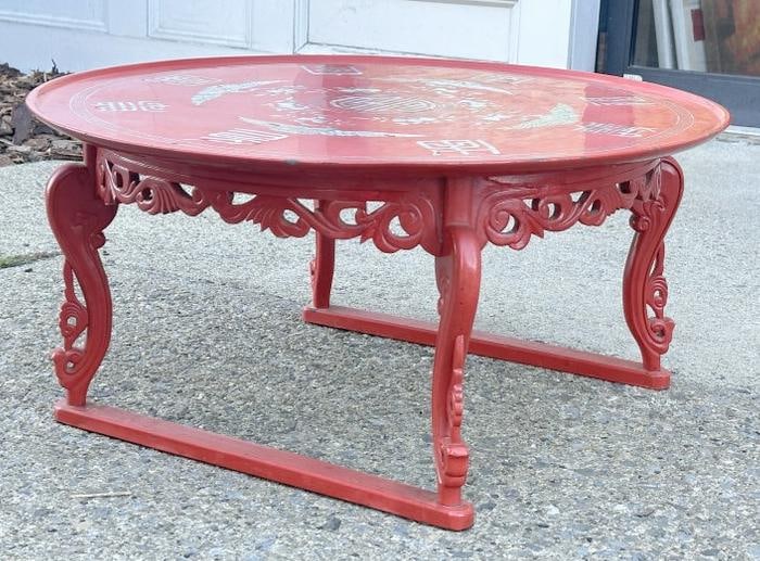 Asian red lacquered round carved table with intricate mother of pearl inlay on top, nice condition, (1 of 5)