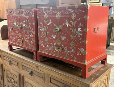 (2) Asian red lacquered chests with mother of pearl designs and brass hardware, not a pair, but