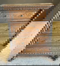 Early Continental diminutive carved drop front desk, with claw feet, drawers inside, nice old dark