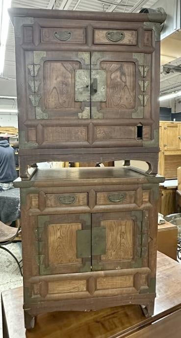 Pair Asian small cabinets, as is condition, small piece off one panel, just as we found them in (1 of 2)