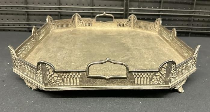 Large decorative silverplate serving tray, worn patina, measures 24" wide x 18" deep, from local (1 of 3)