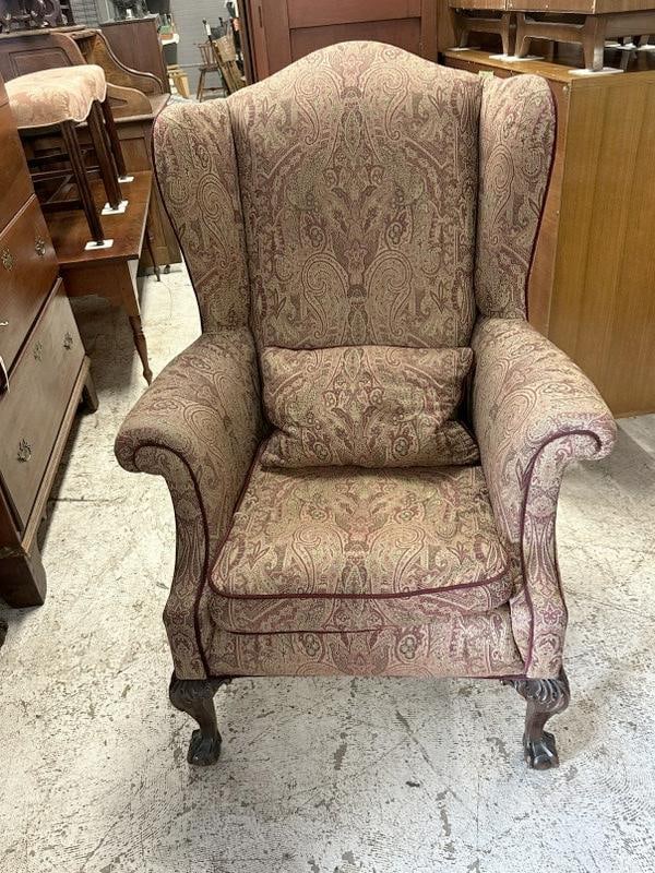 Paisley fabric older wing chair, from nice Hudson Valley estate, structurally sound, nice overall: Paisley fabric older wing chair, from nice Hudson Valley estate, structurally sound, nice overall condition.