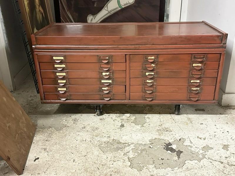 (12) drawer cabinet, probably had multi stacks at one time, older reddish paint, metal sides on (1 of 2)