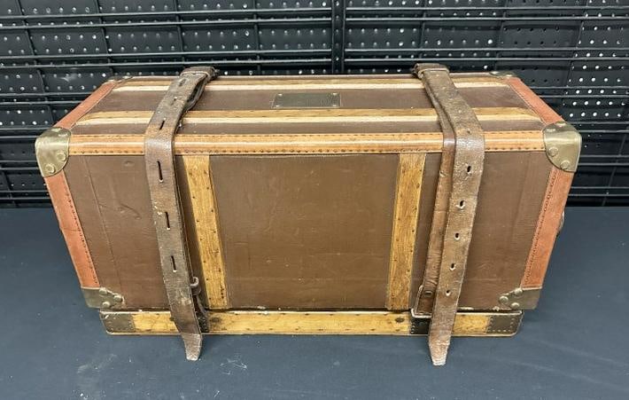 Beautiful quality Made in Paris leather trunk with straps intact, and nice brass hardware with name (1 of 11)