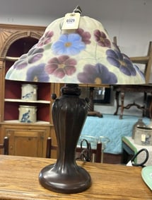 Contemporary decorative reverse painted shade table lamp, from local estate, measures 20" high, in