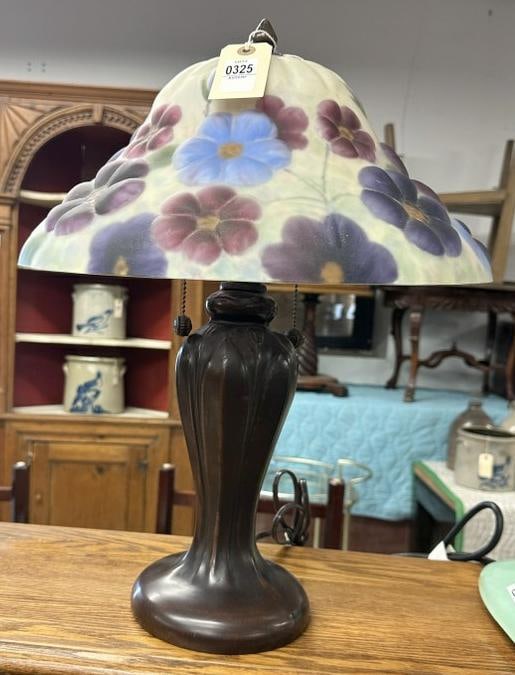 Contemporary decorative reverse painted shade table lamp, from local estate, measures 20" high, in (1 of 2)