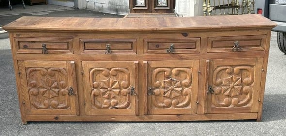 Long carved pine decorative (4) drawer & (4) door cabinet, from nice estate in Woodstock, New York.