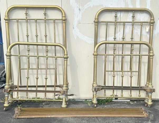 Wonderful circa 1910 pair brass single beds, with headboard & footboards intact, as well as (1 of 1)