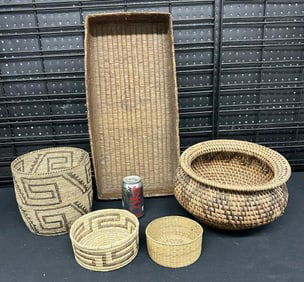 (5) Native American handmade baskets, found in Hudson Valley estate. Nice overall condition, just as