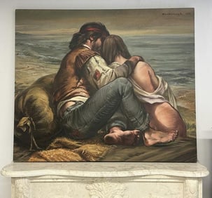 Douglas Riseborough large o/c Hippie type gentleman holding scantily clad Woman on a