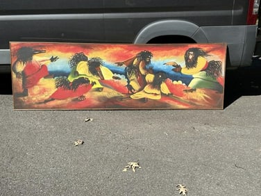 B L KAUNDA large o/c (African ?) painting with bizarre figures, from Woodstock, New York estate,