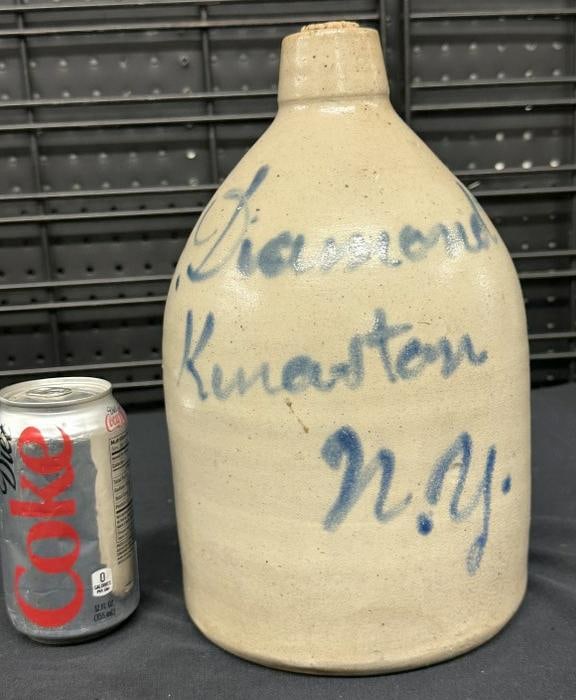 J E Diamond & Co. Kingston, N.Y. stoneware jug, in script, has (3) cracks repaired on handle, from (1 of 6)