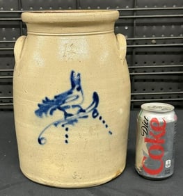 Stoneware decorated 1.5 gallon crock with bird, Maker unknown, nice overall condition, most likely