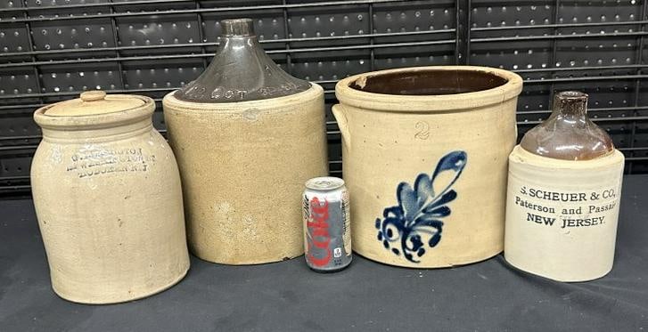 (4) pc. as is stoneware lot from Hudson Valley estate, includes ( O. BILLINGTON HOBOKEN N.J. ) crock: (4) pc. as is stoneware lot from Hudson Valley estate, includes ( O. BILLINGTON HOBOKEN N.J. ) crock with lid measuring 9.5" high and in good condition, brown & white jug with raised 1882 Patent Date