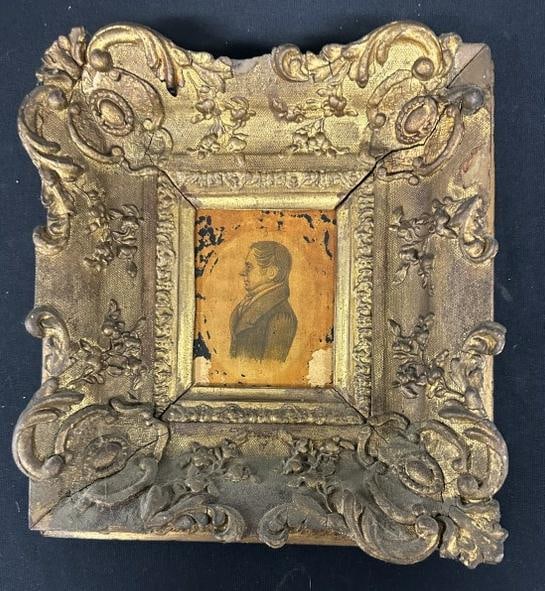 18th or early 19th c miniature portrait of a Gentleman, in pencil, in early gold frame. Has no: 18th or early 19th c miniature portrait of a Gentleman, in pencil, in early gold frame. Has no glass, appears to have had a glass over it at one time. The image measures 4" x 3", and the frame measure