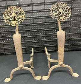 Early pair andirons with intricate brass tops, from stone house in Stone Ridge, New York. Measure