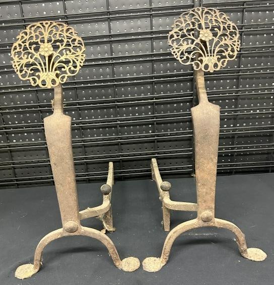 Early pair andirons with intricate brass tops, from stone house in Stone Ridge, New York. Measure (1 of 3)