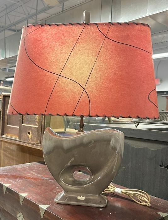 ROYAL HAEGAR Mid Century art pottery lamp with original red parchment shade and finial, from local (1 of 5)