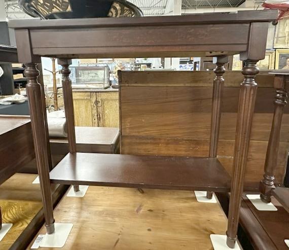 BUTLER SPECIALTY CO. mahogany side table, clean, structurally sound, measures 29" long x 11" deep x: BUTLER SPECIALTY CO. mahogany side table, clean, structurally sound, measures 29" long x 11" deep x 30" high.