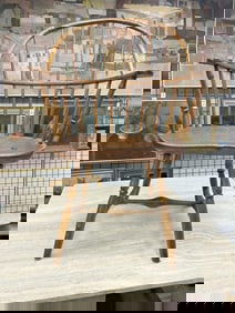 Early spindle back, plank seat armchair, from Hudson Valley estate, measures 37.25" high x 26.5 arm