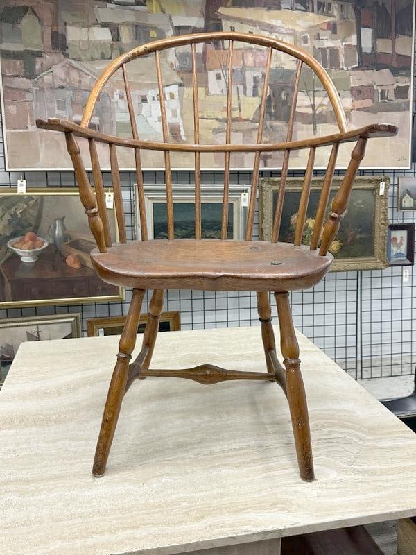 Early spindle back, plank seat armchair, from Hudson Valley estate, measures 37.25" high x 26.5 arm (1 of 3)