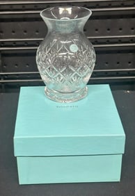 TIFFANY & CO. 5.5" high vase with paper label and original box, fine condition. Looks like a gift