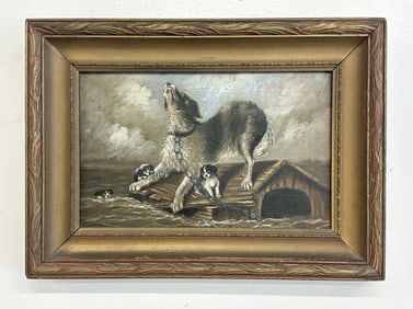 Wonderful 19th c o/c of dogs in a flood on roof of doghouse, unsigned, professionally restored with