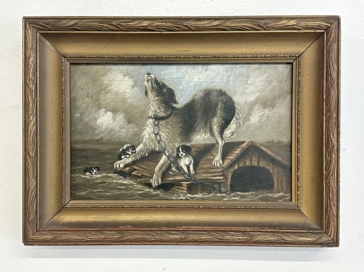 Wonderful 19th c o/c of dogs in a flood on roof of doghouse, unsigned, professionally restored with (1 of 4)