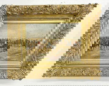 19th c o/wood panel Military landscape with Soldiers on horses, with (3) Soldiers in foreground