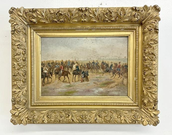19th c o/wood panel Military landscape with Soldiers on horses, with (3) Soldiers in foreground (1 of 5)