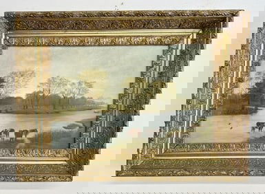 19th c o/b with cows grazing by the river, with (2) Men fishing on the other side, in frame of the